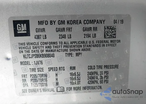 2019 Chevrolet Trax Lt z USA, uszkodzony, nr VIN KL7CJPSB6KB908040